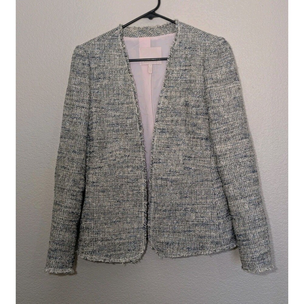 Rebecca Taylor Tweed Fitted Short Blazer Women 4 Beige Gray Blue Classic